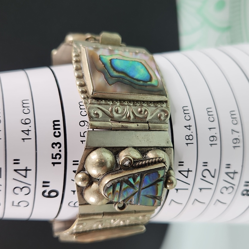 Vintage Taxco Mexico Sterling Panel Bracelet Abalone Mother of Pearl MOP - Picture 9 of 12